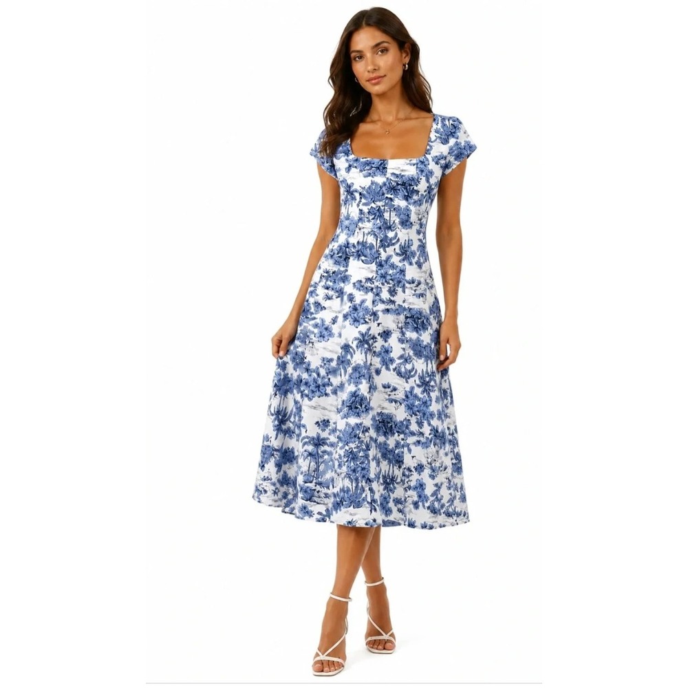 Joie Toile Midi Dress 8 Coastal Blue White Tropical Dog Tree Cotton Fit Flare